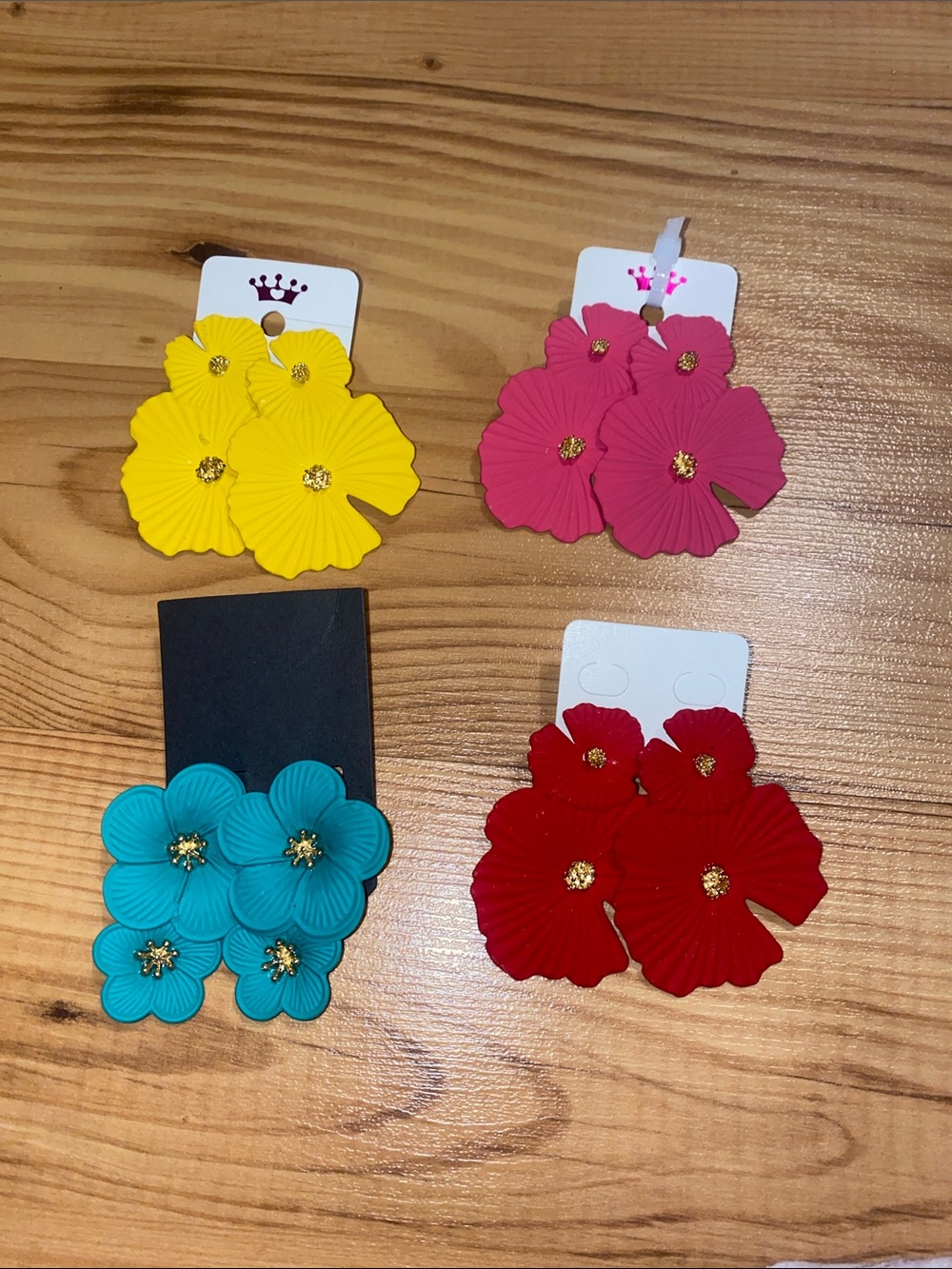 4 pair Colorful Floral Metal Statement Earrings - Yellow, Pink, Teal, Red